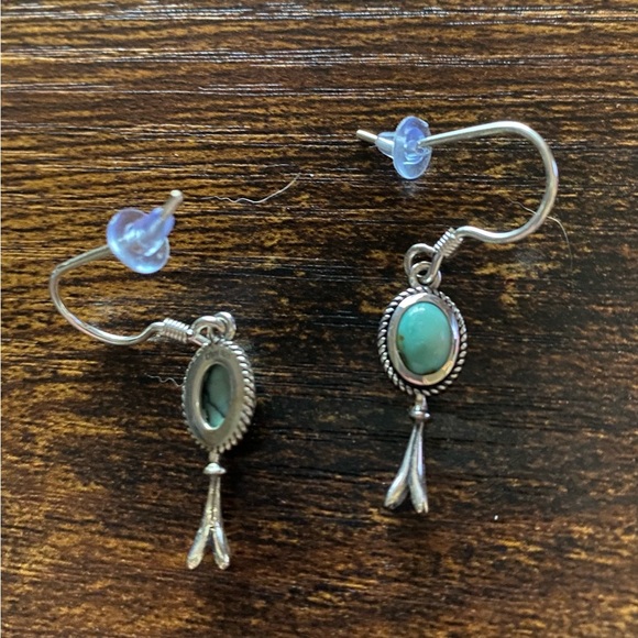 Small Squash Blossom in Sterling Silver and Turquoise Dangle Earrings - Picture 3 of 4